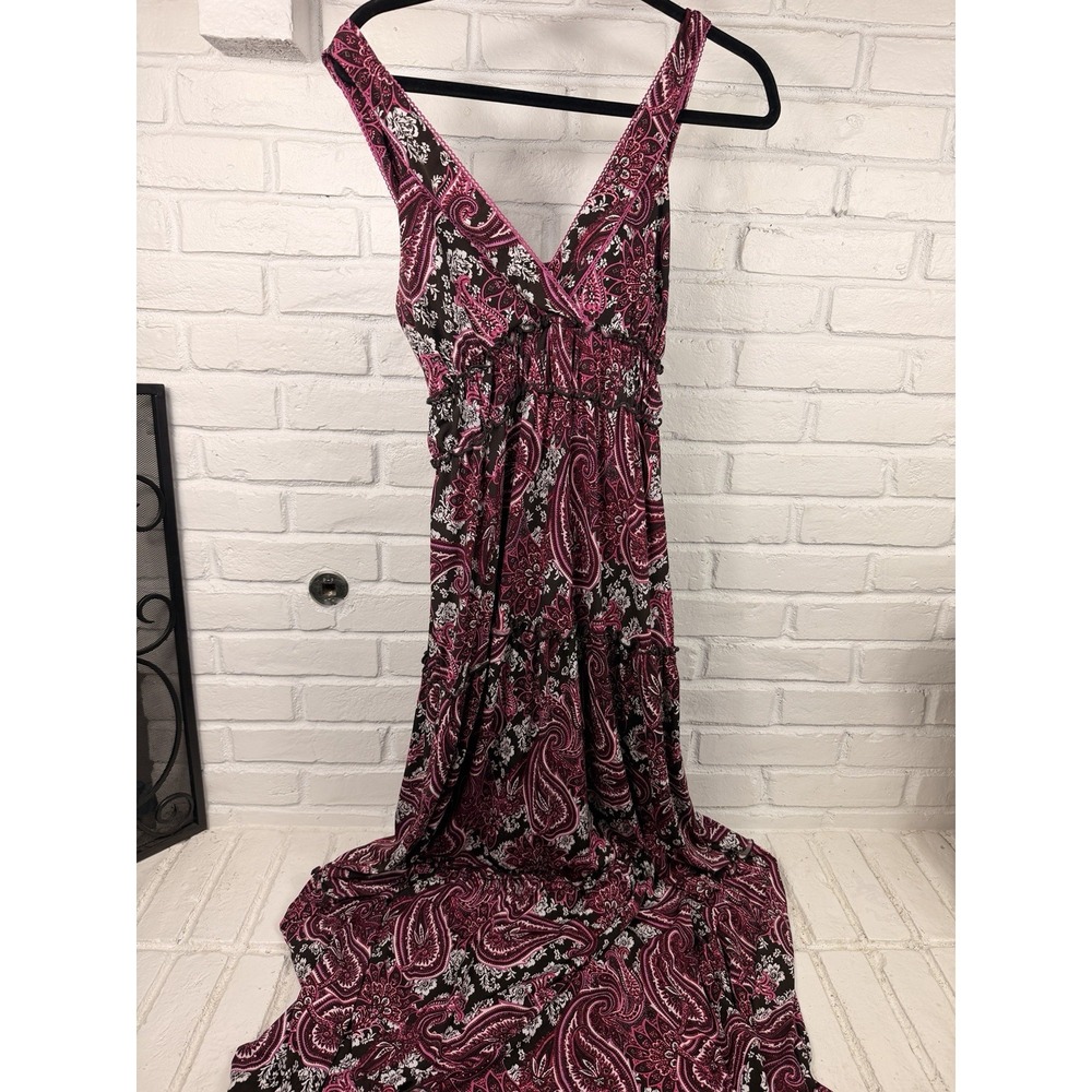 New Directions Womens M Pink Brown Paisley Maxi Dress Boho Tiered Empire Waist